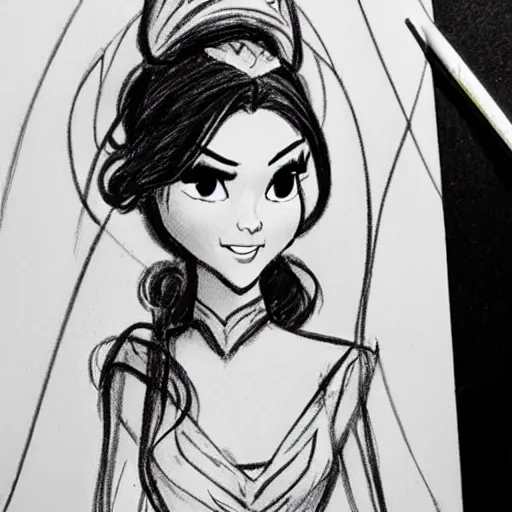 Image similar to milt kahl sketch of victoria justice with done up hair, tendrils covering face and ponytail as princess padme from star wars episode 3