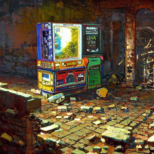 Prompt: arcade cabinet sitting in ruins by marc simonetti and jeffrey smith, oil on canvas, vibrant colors