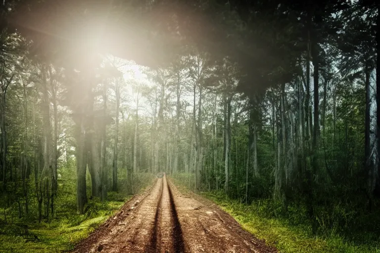 Image similar to a man standing on a dirt road in the woods, a stock photo by gregorius sickinger, pixabay contest winner, primitivism, rendered in maya, anamorphic lens flare, dark