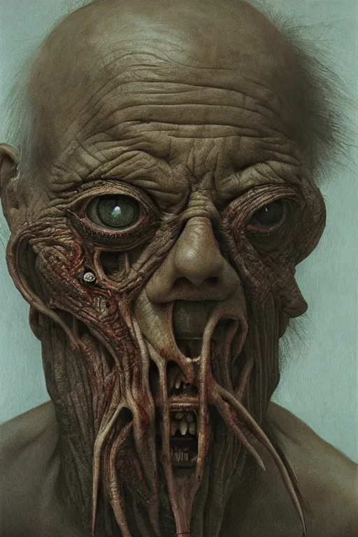 Image similar to hyperrealism oil painting, close - up portrait of a scary old man with a thousand eyes and mandibles, in style of baroque zdzislaw beksinski
