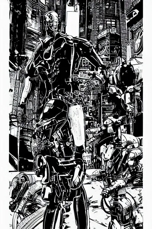 Prompt: ultron standing heroically, a page from cyberpunk 2 0 2 0, style of paolo parente, style of mike jackson, 1 9 9 0 s comic book style, white background, ink drawing, black and white