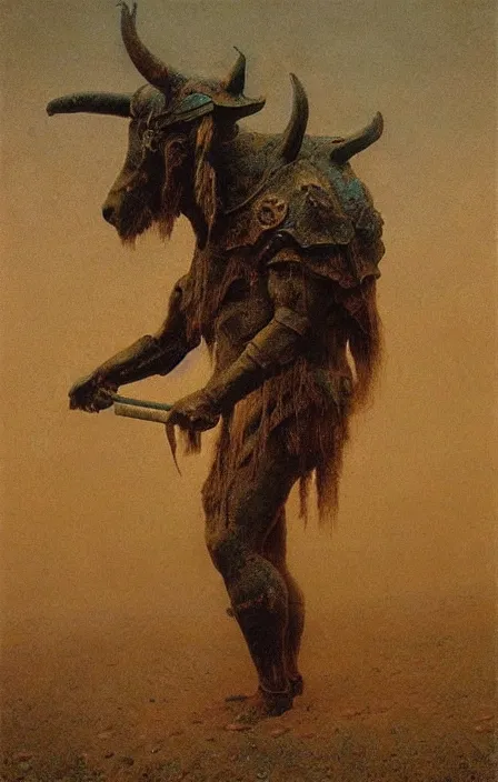 Image similar to minotaur in ancient armor, beksinski, ruan jia,