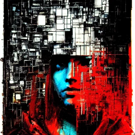 Image similar to portrait of a hooded character wearing a cyberpunk visor, mysterious, shadows, by Guy Denning, by Johannes Itten, by Russ Mills, glitch art, hacking effects, chromatic, color blocking, oil on canvas, concept art, abstract