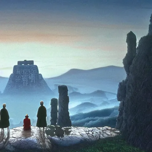 Image similar to movie still from princess mononoke ( 1 9 9 7 ) showing a highly detailed landscape with two monks praying with stonehenge in the background 1 9 8 0 s science fiction, 1 9 7 0 s science fiction, cyberpunk, moody, misty, depth perception, 4 k, artstation