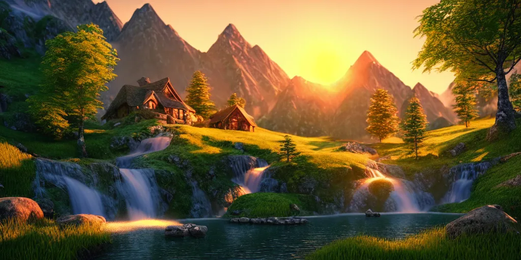 Image similar to a beautiful fantasy landscape, mountain in background, a waterfall in the mountains, little cottage, small pond, some trees in the corner, sunrise, hyper realism, octane render, art by philipp urlich