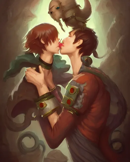 Image similar to cute little anthropomorphic akechi and makoto kissing, cute and adorable, pretty, beautiful, dnd character art portrait, matte fantasy painting, deviantart artstation, by jason felix by steve argyle by tyler jacobson by peter mohrbacher