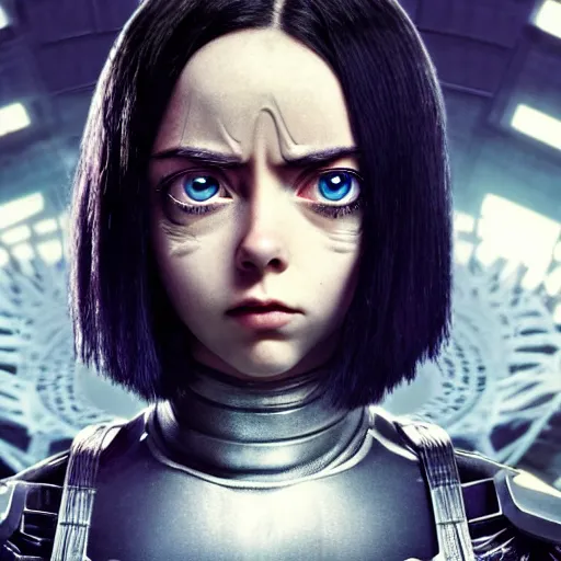 Image similar to Billie Eilish as Alita in Alita:Battle Angel, Film Still, 35mm dramatic lighting, cinematic, deep focus, styleframe,