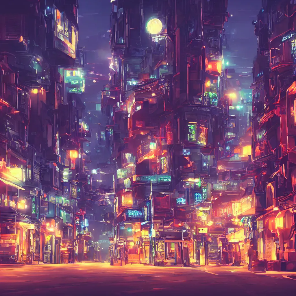 Prompt: futurisitc western street background at night, anime, painting, 4 k
