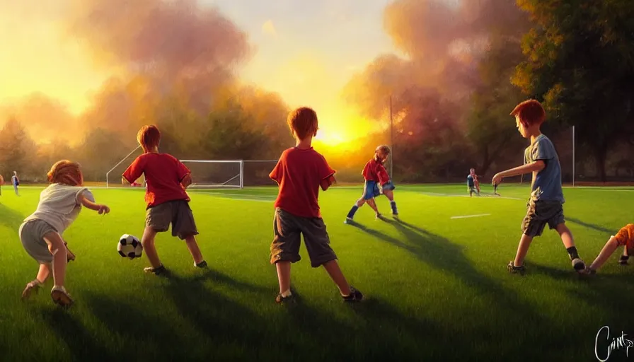 Image similar to beautiful painting of backyard football field with a pair of playing children during sunset, wide shot, digital painting, intricate details, trending on artstation, concept art, octane render, realistic, highly detailed, smooth, sharp focus, beautiful, 4 k, 8 k, hd, art by charlie bowater and artgerm and greg rutkowski