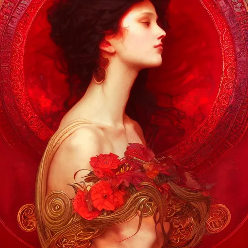 Image similar to portrait of red goddess, intricate, elegant, highly detailed, digital painting, artstation, concept art, smooth, sharp focus, illustration, art by artgerm and greg rutkowski and alphonse mucha and william - adolphe bouguereau
