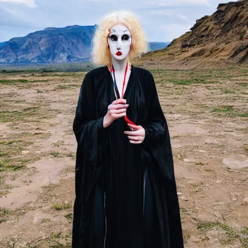 Prompt: a beautiful english woman with a long face narrow nose pale skin blue eyes red lips and wild messy tangles of curly white blonde hair, high resolution film still wearing a black robe and skull necklace and holding a crescent moon spade, sandy, a journey to the west