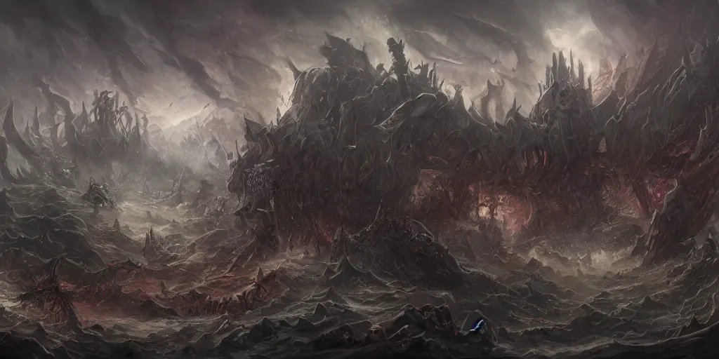 Prompt: death metal apocalypse fantasy, waves of waging war, tides of turning time d & d, fantasy, highly detailed, digital painting, trending on artstation, concept art, sharp focus