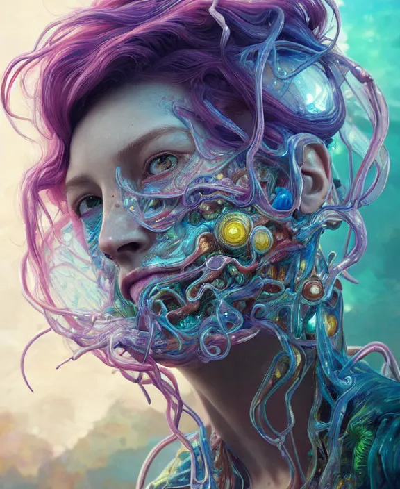 Prompt: intricate colorful transparent portrait of a terrifying beautiful alien sea creature, mottled coloring, adorable, childlike, biopunk environment, ultra realistic, concept art, art nouveau, photorealistic, octane render, 8 k, unreal engine. art by christopher marley and artgerm and greg rutkowski and alphonse mucha