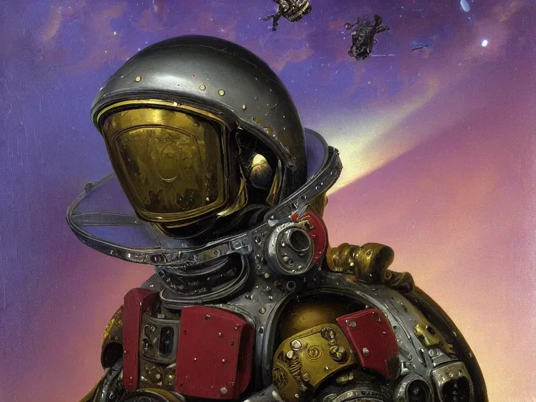 Image similar to a detailed profile oil painting of an advanced soldier in a spacesuit with reflective helmet, advanced technology flight suit, portrait symmetrical and science fiction theme with aurora lighting clouds and stars by beksinski carl spitzweg and tuomas korpi. baroque elements, full-length view. baroque element. intricate artwork by caravaggio. Trending on artstation. 8k