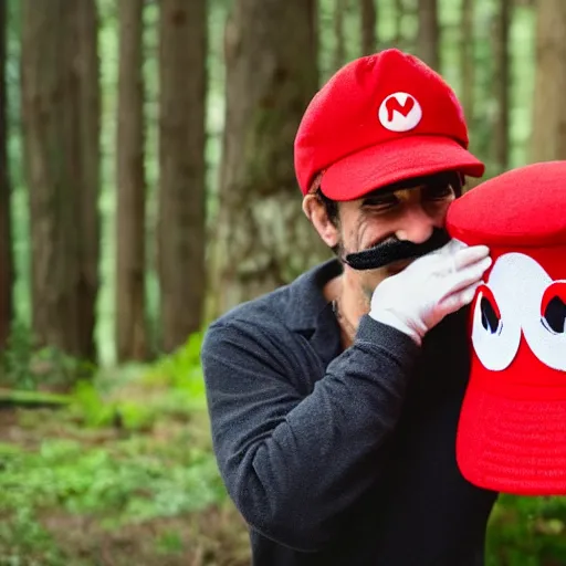 Prompt: italian man with a mustache dressed as mario wearing a solid red mario hat crying tears of joy hugging a red mushroom with white spots, in a forest, photography