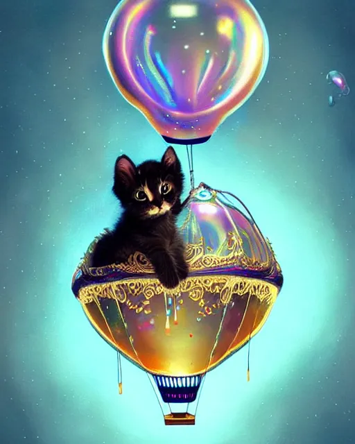 Prompt: cute kitten inside an ornate flying balloon of iridescent liquid, alchemy, shiny plastic, intricate, bloom, detailed, volumetric lighting, sharp focus, photorealism, digital painting, highly detailed, concept art, by by artgerm and wlop