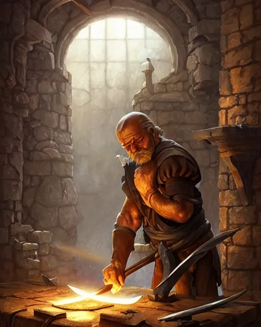 Image similar to an old blacksmith forging his final sword, his sad with grief and in pain from old injuries, his wall depicts his best weapons, deep focus, D&D, fantasy, intricate, elegant, highly detailed, digital painting, artstation, concept art, matte, sharp focus, illustration, hearthstone, art by Artgerm and Greg Rutkowski and Alphonse Mucha