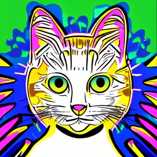 Prompt: Profile image of A Humanoid Cat in the style of 1960’s psychedelic pop art detailed
