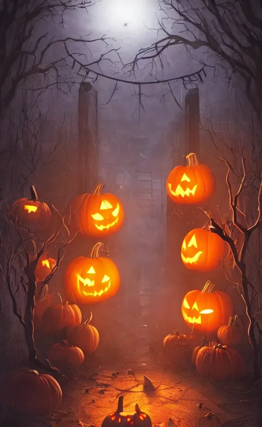 Image similar to a creepy and eery Halloween setting, with Jack o lanterns on the street and shadow figures lurking about, dynamic lighting, photorealistic fantasy concept art, stunning visuals, creative, cinematic, ultra detailed, trending on art station, spooky vibe