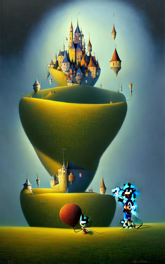 Image similar to gediminas pranckevicius an oil on canvas portrait painting of mickey mouse, surrealism, surrealist, cosmic horror, rob gonsalves, high detail fantastic world castle happy place, volumetric light godray