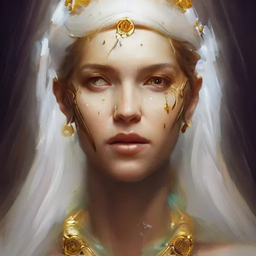 Prompt: a beautiful portrait of a goddess with pearly skin by greg rutkowski and raymond swanland, trending on artstation, ultra realistic digital art