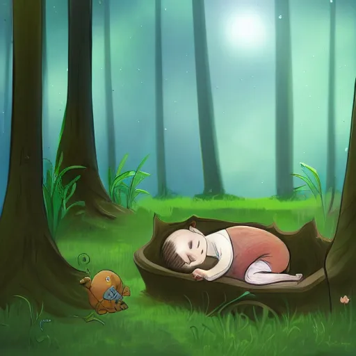 Prompt: a beautiful illustration of a sleepy little cute boy going to his bed in a beautiful forest, digital art, trending on artstation