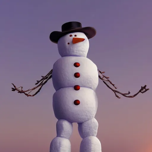 Image similar to a highly detailed humanoid snowman in business suit, artstation, DeviantArt, professional, octane render, sunset lighting
