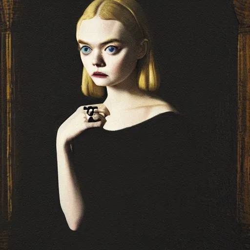 Image similar to a striking esoteric painting of Elle Fanning, dark, metal, black background, occult, by Johannes Vermeer