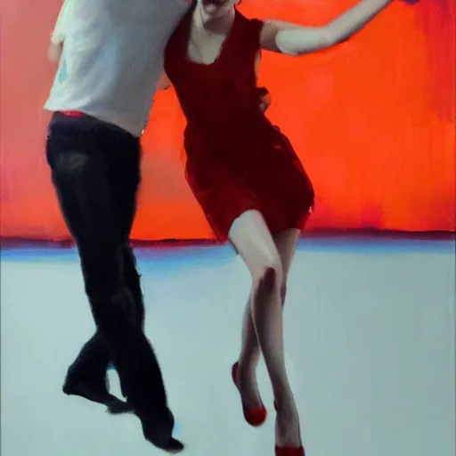 Image similar to emma stone dancing with emma watson, soft red lights full body portrait, 8 k oil painting,