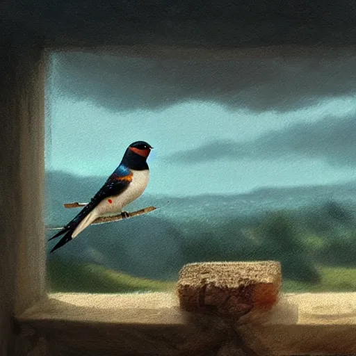 Image similar to closeup of a spanish swallow bird in avila, golondrina, green fields, dawn, summer season, 4 k, midday light, concept art, by wlop, ilya kuvshinov, artgerm, krenz cushart, greg rutkowski, pixiv. cinematic dramatic atmosphere, sharp focus, volumetric lighting, cinematic lighting, studio quality