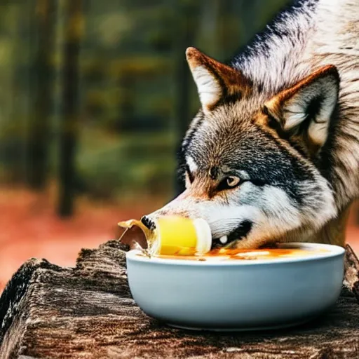 Image similar to photo of a wolf drinking licking soup