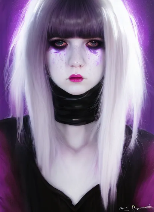 Image similar to portrait of white teenage girl, normal face, white bangs, mall goth, cyberlox, black and white hair, bangs, fluffy bangs, red contact lenses, purple lipstick, intricate, elegant, highly detailed, digital painting, artstation, concept art, sharp focus, smooth, illustration, art by wlop, mars ravelo and greg rutkowski