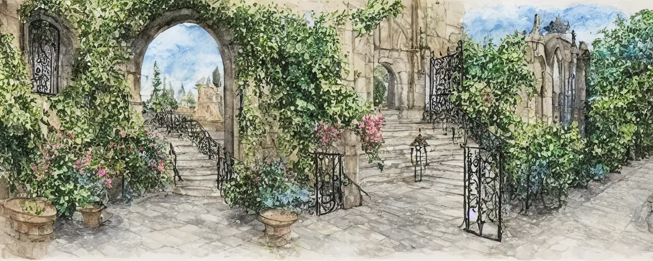 Image similar to courtyard walkway, castle, stairway, chairs, wrought iron, gate, tree, delicate, botanic garden, garden road, botanical herbarium paper, watercolor colored painting, iridescent colors, 8 k, realistic shaded, fine details, artstation, italian style, colonnade, huge flower