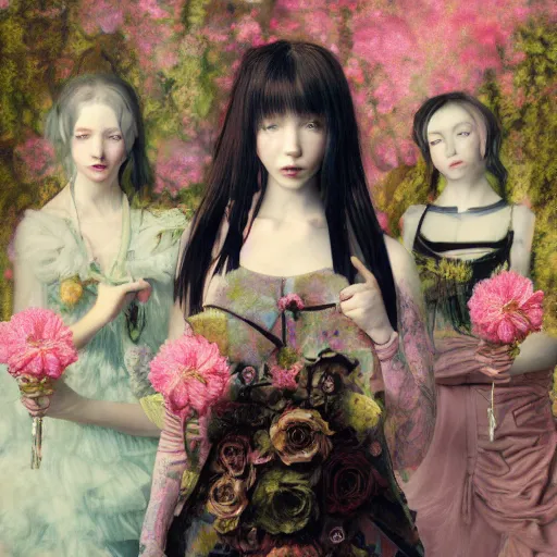 Prompt: 8k, octane render, cyberpunk painting, realism, tonalism, renaissance, rococo, baroque, group of creepy young ladies wearing long harajuku manga dress with flowers and skulls, background chaotic flowers