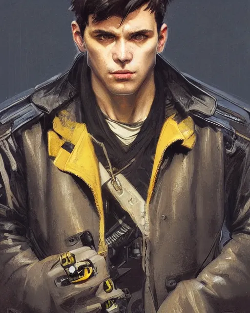 Prompt: '' Face portrait of a young handsome detective with a black leather coat, yellow eyes, neck chains, short hair , sci-fy, cyber punk, high detail, digital painting, artstation, concept art, sharp focus, illustration, art by greg rutkowski and alphonse mucha ''