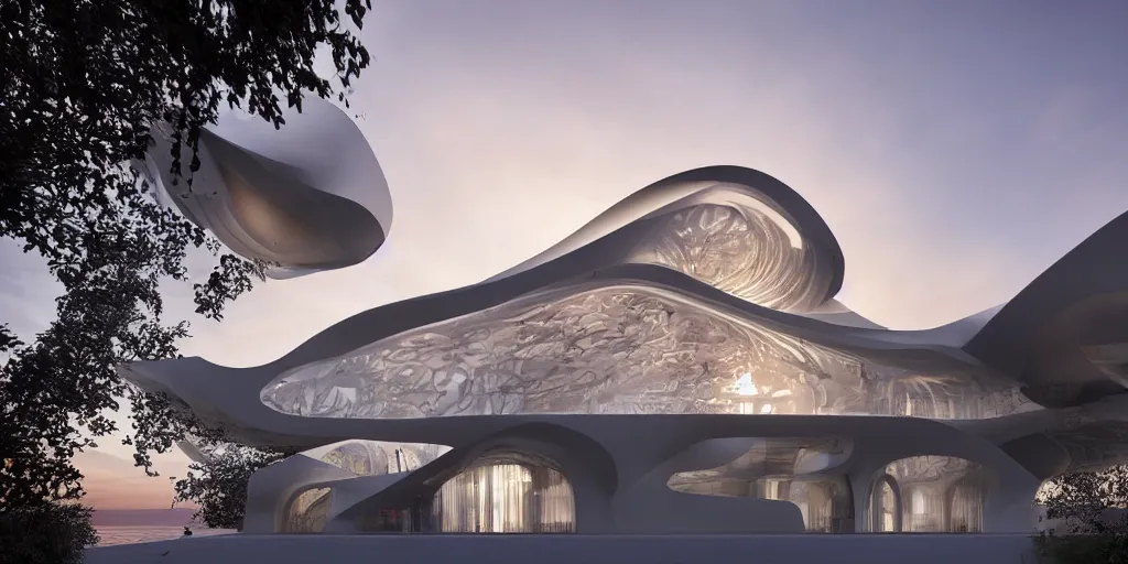 Image similar to extremely detailed ornate stunning sophisticated beautiful house by zaha hadid, stunning volumetric light, sunset, concrete and translucent material, stunning skied, 8k