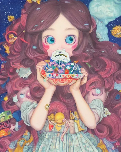 Image similar to a painting of a cute girl with a castle in her hands, poster art by Hikari Shimoda, featured on pixiv, pop surrealism, whimsical, rococo, maximalist