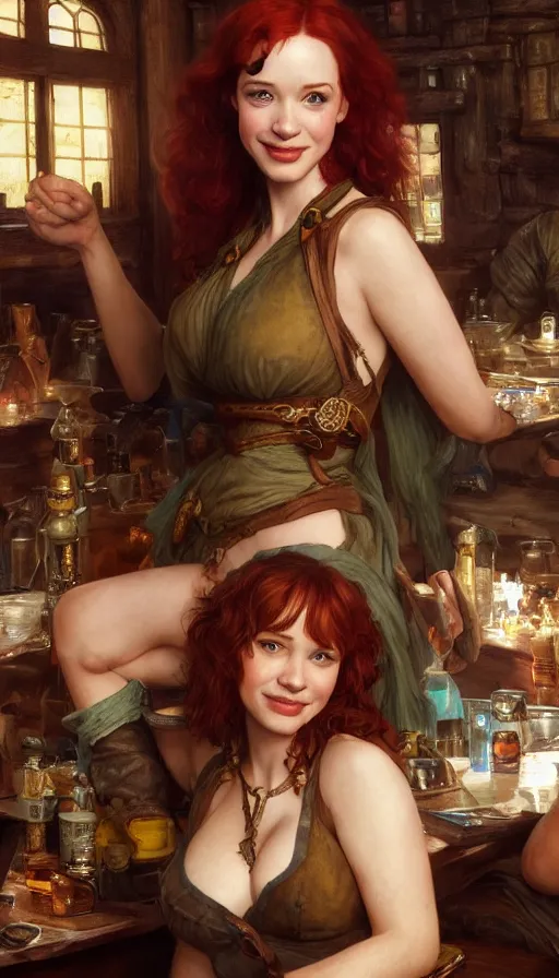 Image similar to young christina hendricks in a tavern, energetic, laughing, fit, warhammer, lord of the rings, sweaty, strong, intricate, highly detailed, digital painting, artstation, concept art, smooth, sharp focus, illustration, unreal engine 5, 8 k, art by artgerm and greg rutkowski and alphonse mucha