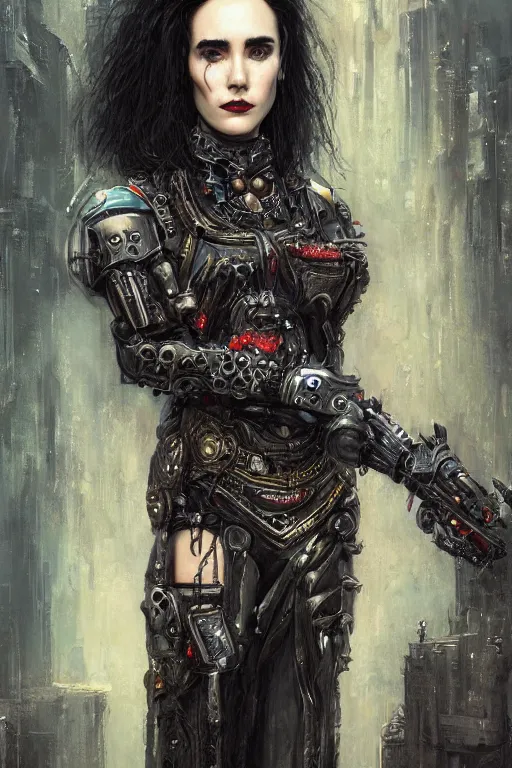 Image similar to portrait of beautiful gothic Jennifer Connelly, cyberpunk, Warhammer, highly detailed, artstation, illustration, art by Gustav Klimt