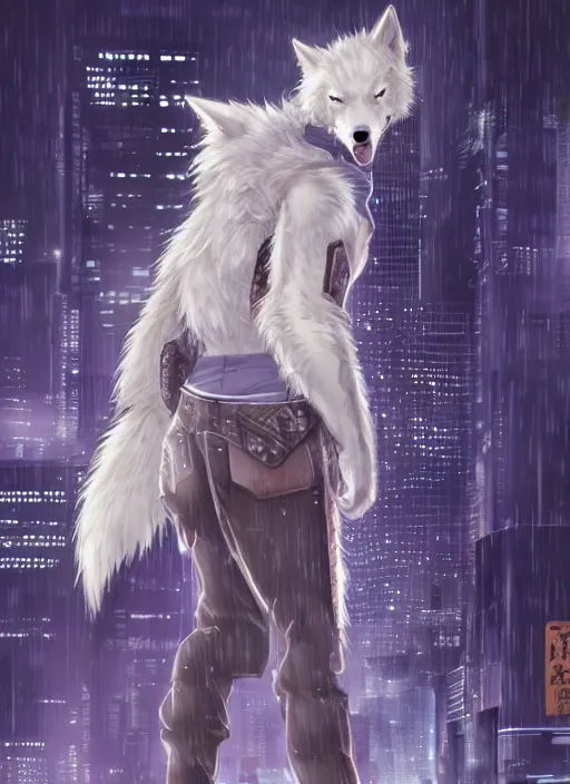 Image similar to character portrait of a male anthro albino wolf fursona with a tail and a cute beautiful attractive detailed furry face wearing stylish cyberpunk clothes in a cyberpunk city at night while it rains. hidari, color page, tankoban, 4K, tone mapping, Akihiko Yoshida.