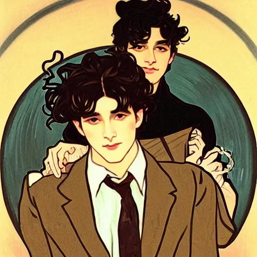 Image similar to painting of young cute handsome beautiful dark medium wavy hair man in his 2 0 s named shadow taehyung and cute handsome beautiful min - jun together at the halloween! party, bubbling cauldron!, candles!, smoke, autumn! colors, elegant, wearing suits!, delicate facial features, art by alphonse mucha, vincent van gogh, egon schiele