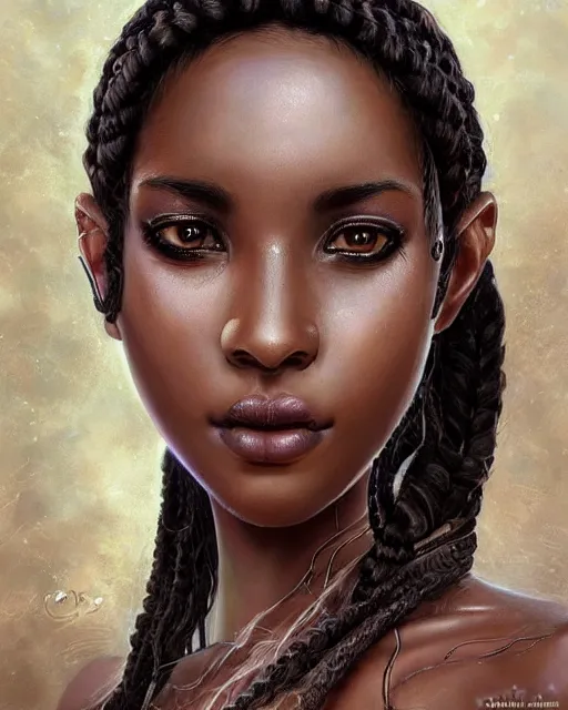 Prompt: Intricate 3/4 view portrait of a gorgeous dark skinned goddess with decorated braided hair and henna on her cheeks and forehead, realistic character concept, by wlop and and Ross Tran and sam yang and mandy jurgens and viktoria gavrilenko, identical eyes, gazing eyes, beautiful eyes medium shot, elegant pose, fantasy, featured on artstation, cinematic lighting, hyperdetailed, cgsociety, 8k, golden ratio, vfx, postprocessing, alluring