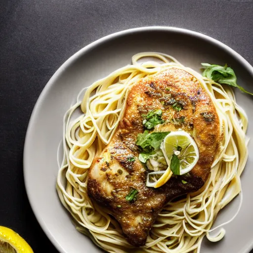 Prompt: photograph of Chicken Piccata with angel hair noodles from Cheesecake Factory, plate on bed in hotel room