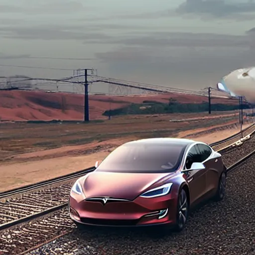 Prompt: elon musk sitting in a tesla driving to mars on a train track, 4 k, detailed, realistic,