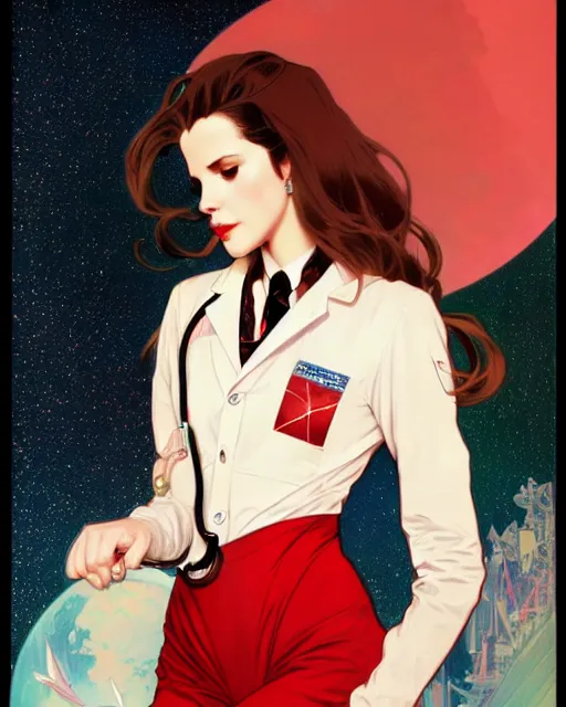 Image similar to lana del rey as a confident scientist, wearing a labcoat, intricate, red white and black color scheme, illustration by krenz cushart, alphonse mucha, artgerm, trending on artstation