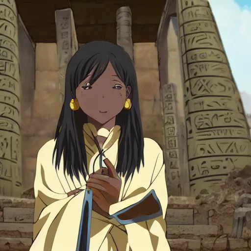 Image similar to A anime still of a portrait of a black woman with ancient egypt ruins as background