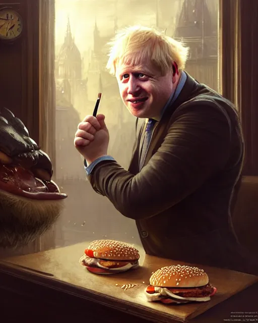 Prompt: boris johnson working at burger king, character portrait, ultra realistic, concept art, intricate details, highly detailed by greg rutkowski, gaston bussiere, craig mullins, simon bisley