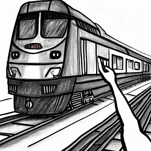 Image similar to train drawing a picture of itself with a pencil