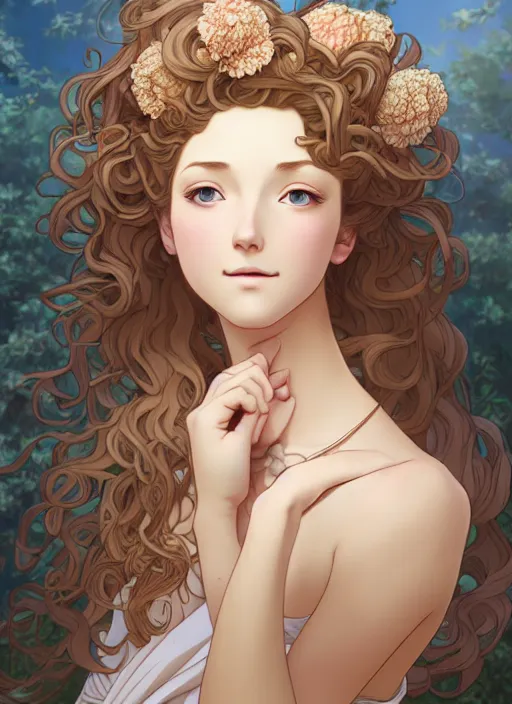Prompt: young blond girl, goddess of pearls and peonies, with long curly, hazelnut hair, perfectly proportioned face, brown eyes, sweet smile, strong jawline,, natural lighting, path traced, highly detailed, high quality, cartoon, digital painting, by new haicheng and studio ghibli and alphonse mucha