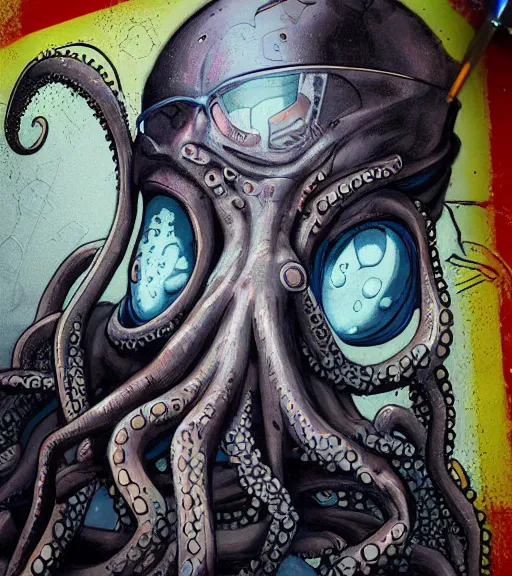 Prompt: a cybernetic realistic octopus teacher in Costa Brava, techwear, Ethereal Scifi, detailed illustration, character portrait, graffiti art by Martin Grip and Moebius